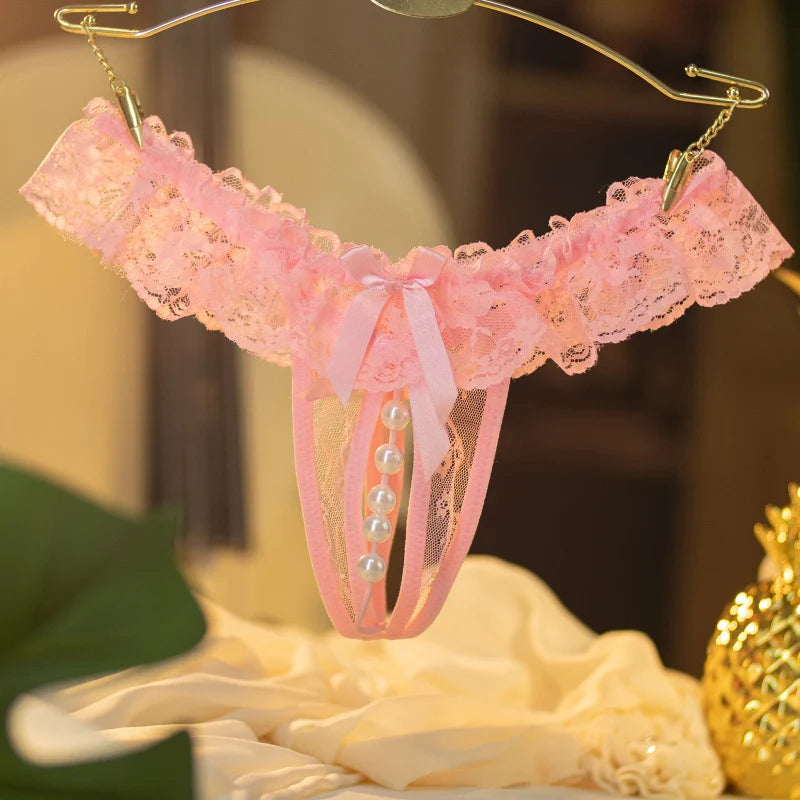 Plus Size Lace Panties - Pearl Open Crotch Thongs