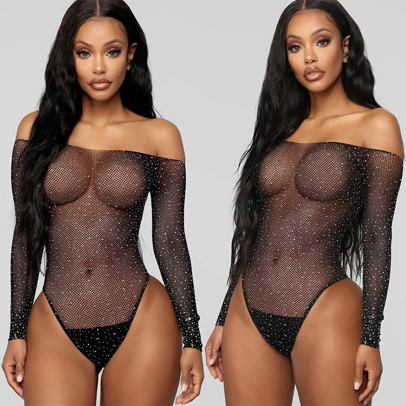 Sexy Fishnet Bodysuit Rhinestone Bra Set Lingerie