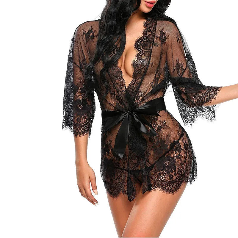 Sexy Lace Sheer Mesh Babydoll Night Dress Set