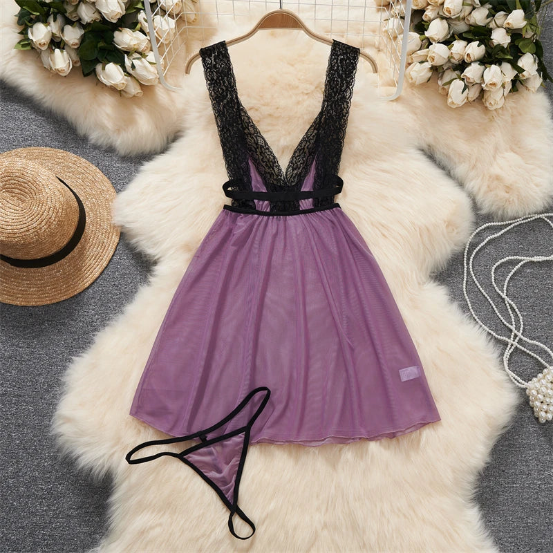 Frivolous Delights Black Ruffle Bow Mini Dress Lingerie Cosplay Nightgown