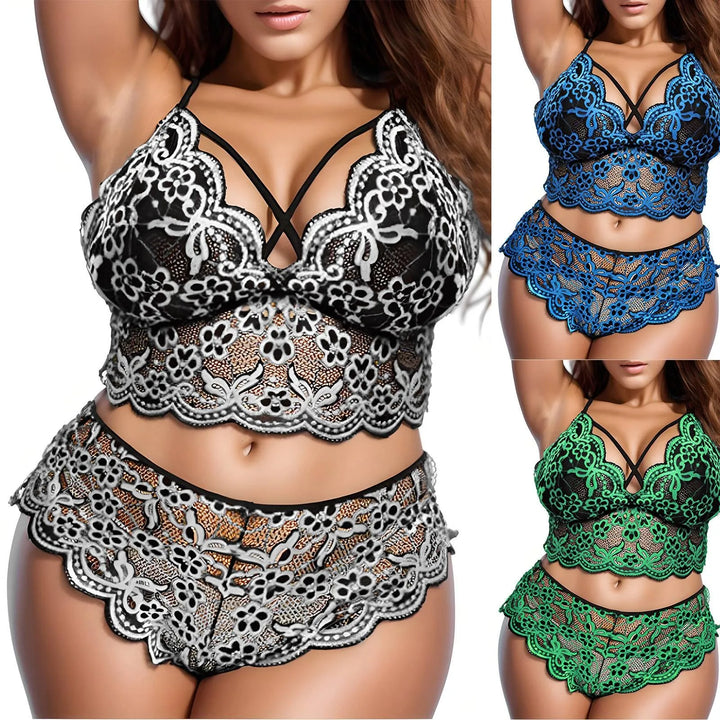 Plus Size Lace Lingerie Set - V Neck Push Up Bra & Panty