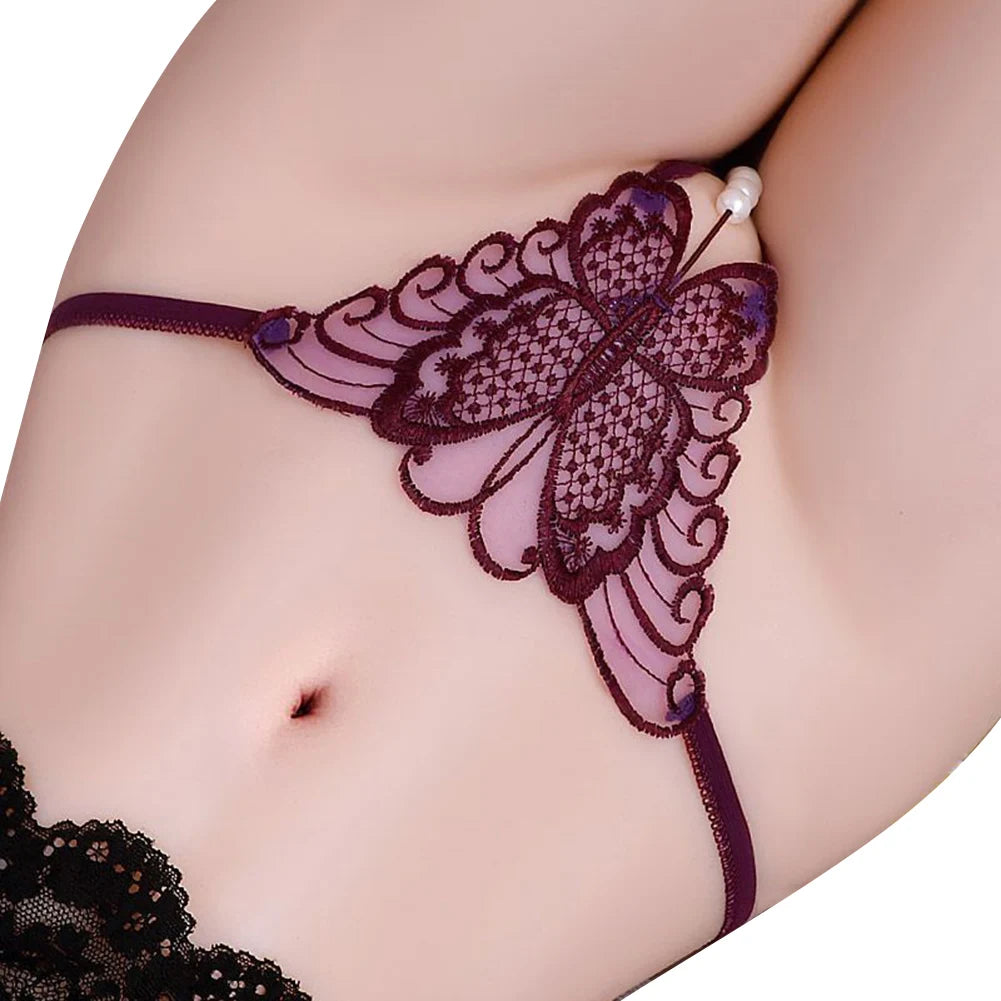 Lace Embroidered G-string - Butterfly Pearl Thong