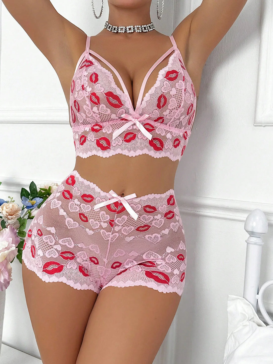 Frivolous Delights Red Lip Embroidery Short Sets