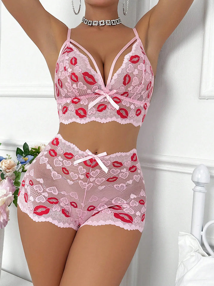 Frivolous Delights Red Lip Embroidery Short Sets