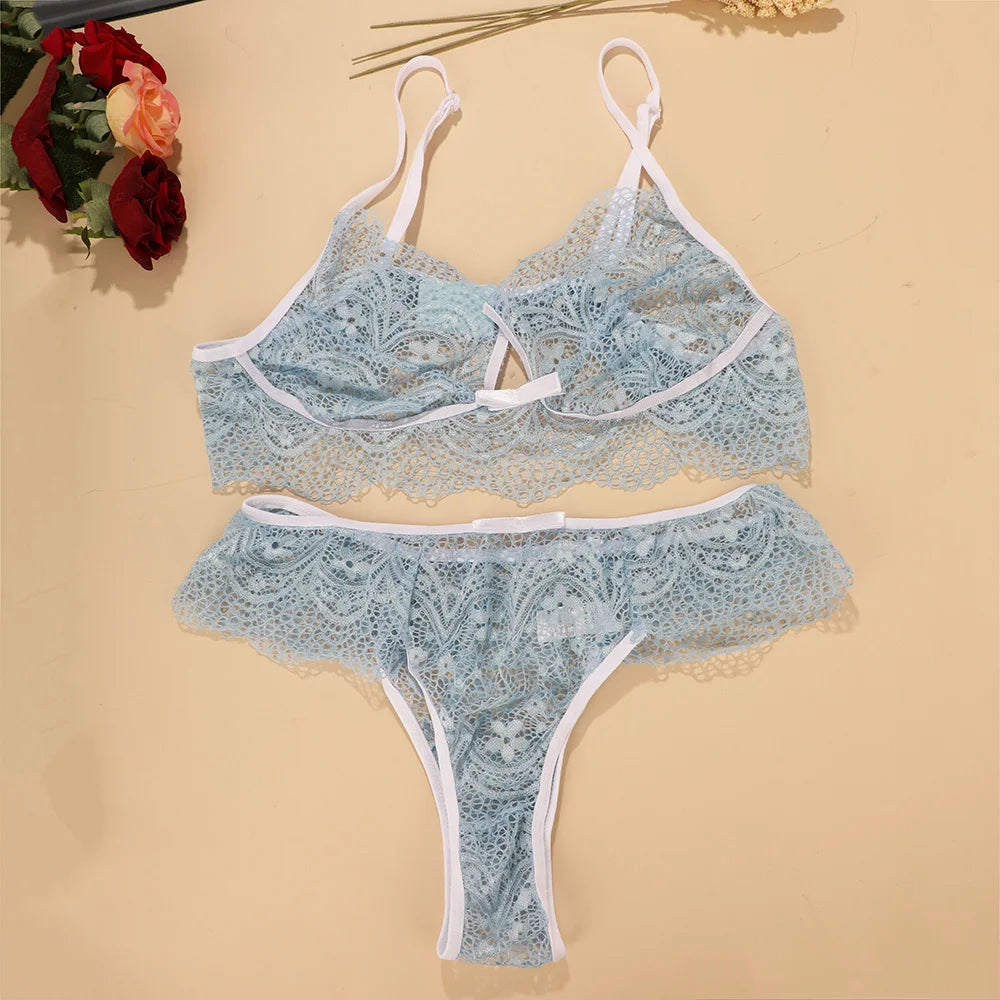 Sexy Trim Lace Embroidery Lingerie Set