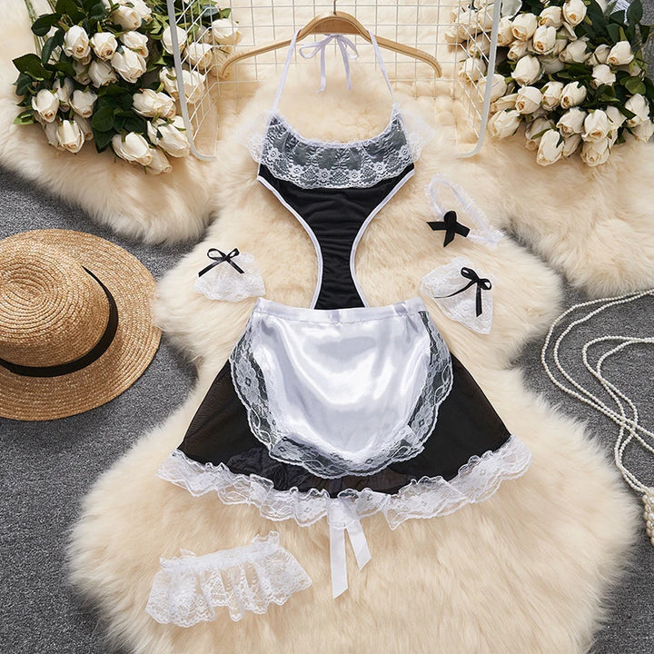 Frivolous Delights Black Ruffle Bow Mini Dress Lingerie Cosplay Nightgown