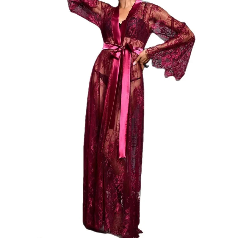 Sexy Lace Long Robe - Hollow Out Nightdress