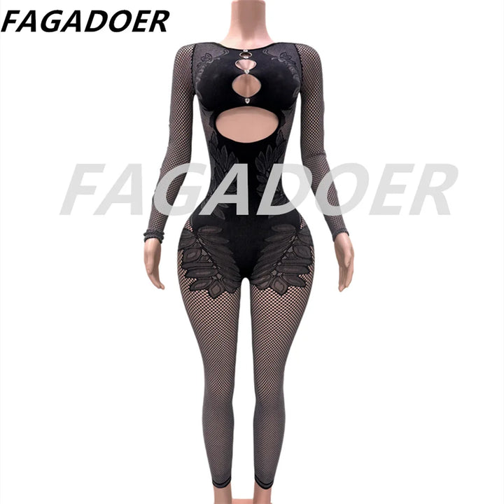 Fashion Thick Lace Elasticity See Through Bodycon Jumpsuits