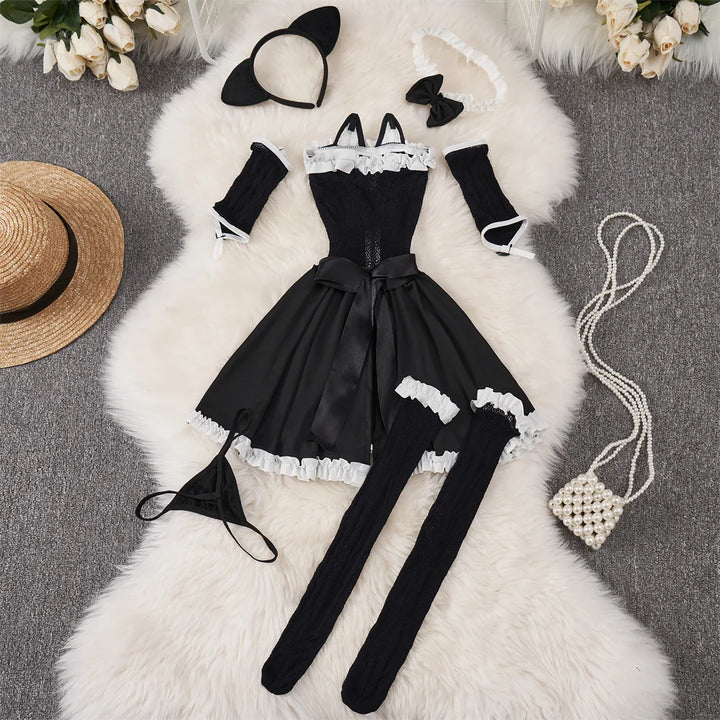 Frivolous Delights Black Ruffle Bow Mini Dress Lingerie Cosplay Nightgown