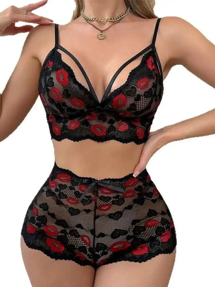 Frivolous Delights Red Lip Embroidery Short Sets