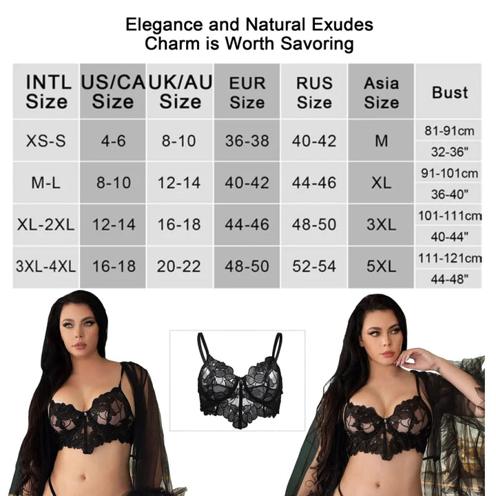 Comeondear Black Floral Plus Size Underwire Bra