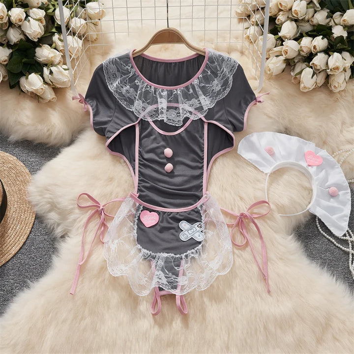 Frivolous Delights Black Ruffle Bow Mini Dress Lingerie Cosplay Nightgown