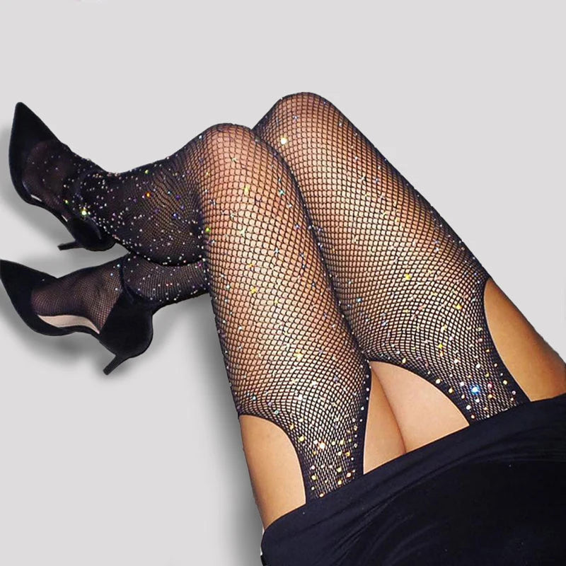 Erotic Crotchless Lingerie Fishnet Cosplay Rhinestones Tights