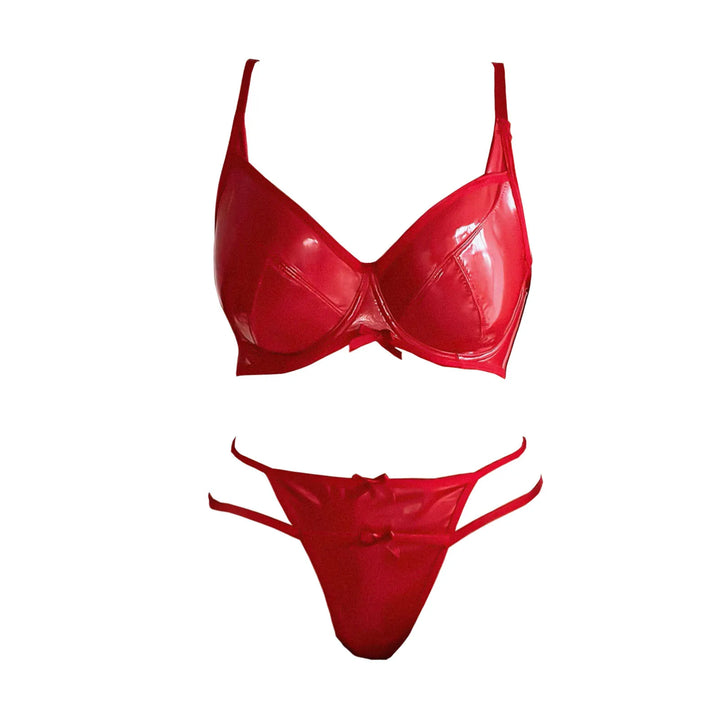 Sexy Faux Leather Bra Thong Set - Red & Black