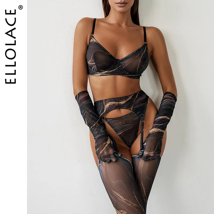 Ellolace Tie Dye Lace Lingerie Set with Stockings