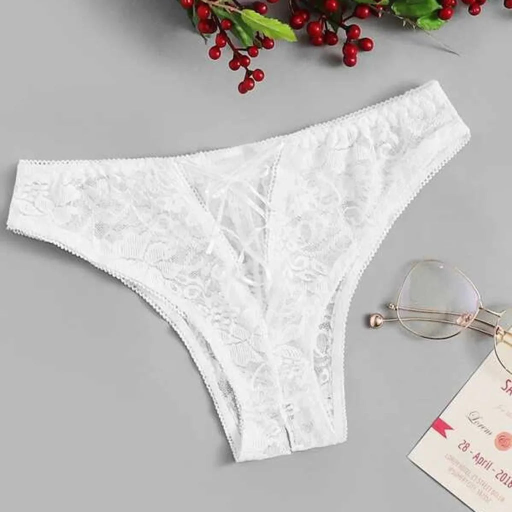 Sexy Panties Open Crotch Transparent Lace Bowknot