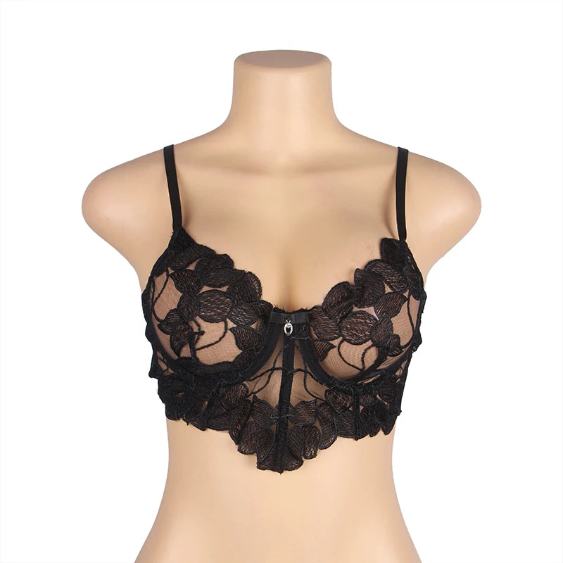 Comeondear Black Floral Plus Size Underwire Bra