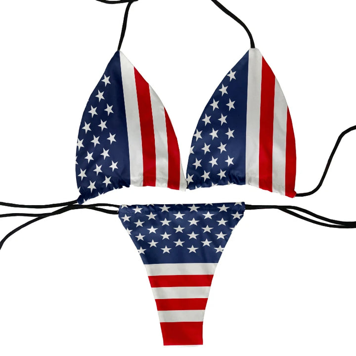 Flag pattern printed beach swimming two-piece bikini set