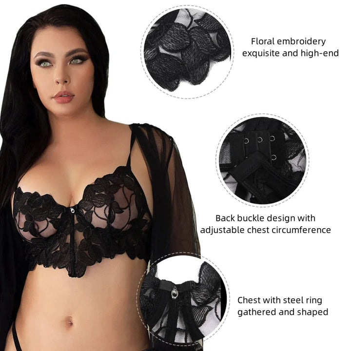 Comeondear Black Floral Plus Size Underwire Bra