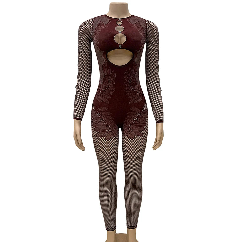 Fashion Thick Lace Elasticity See Through Bodycon Jumpsuits