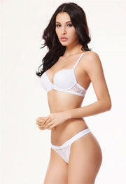 "Exquisite" White Lace Plunge Pushup Bra Sexy Thong Set