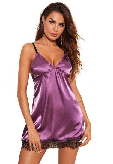 Silky Satin Purple Lace Trim Nightwear