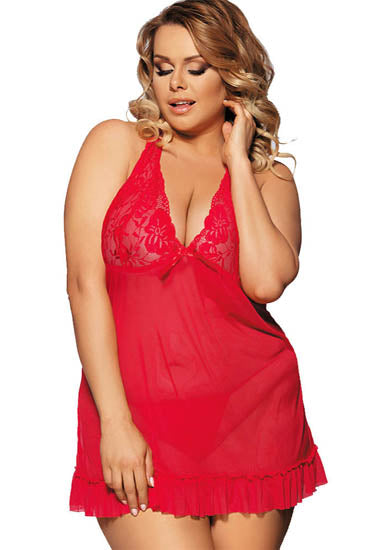 Plus Size Red Mesh and Lace Babydoll Lingerie